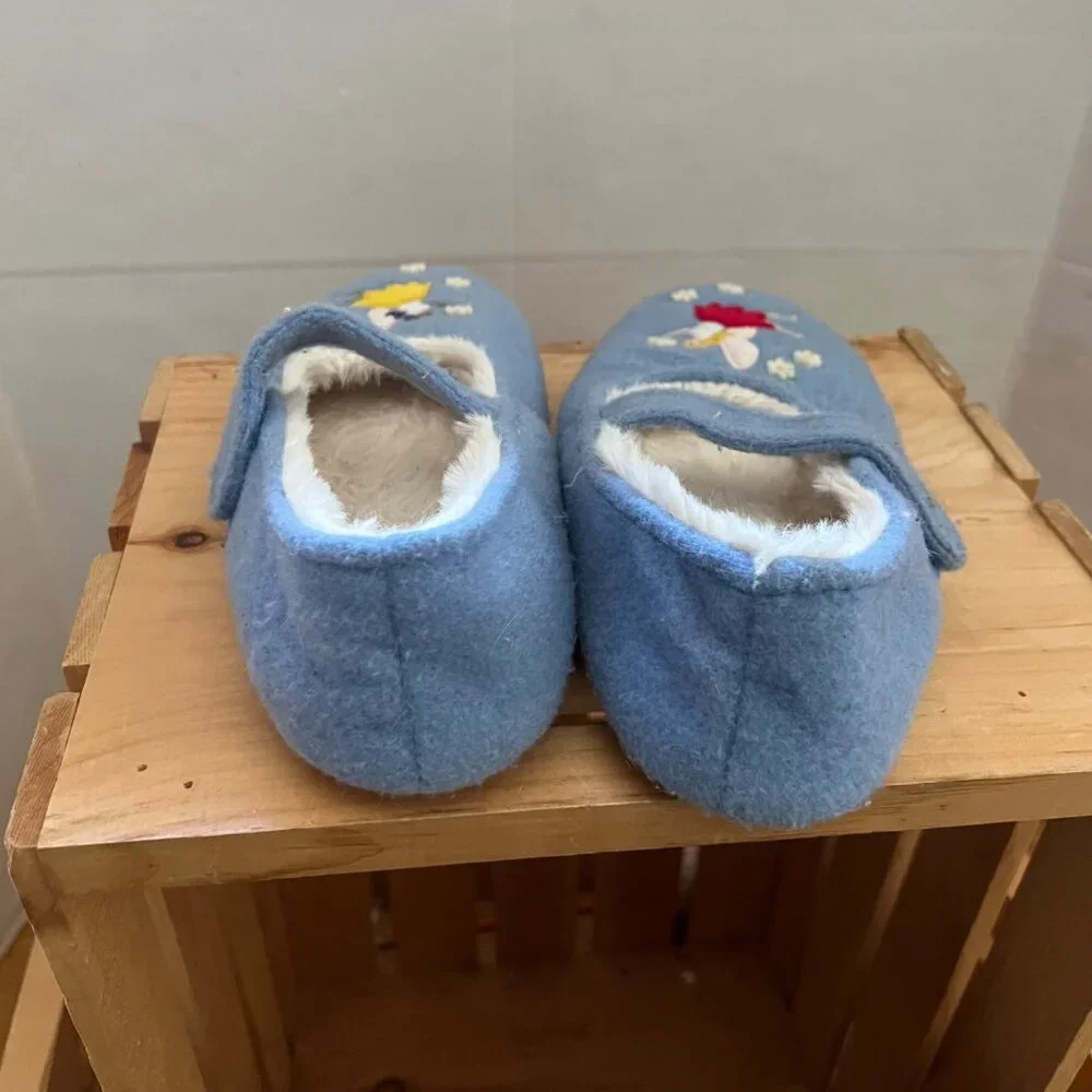 Mini Boden Girls Size 5 Blue Felt Fairy Design Faux Fur Lined Mary Jane Slippers